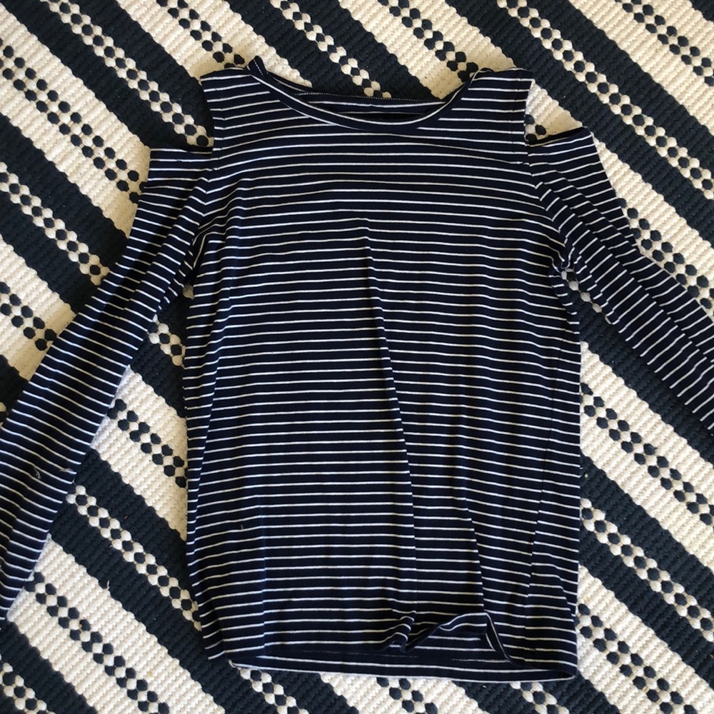 Blue and white open shoulder long sleeve
